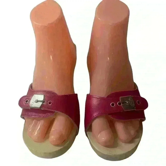 Vtg Dr Scholls Origina Womens Wooden Heeled Clogs Sandals Shoes Pink Italy Sz 9 - Picture 4 of 12